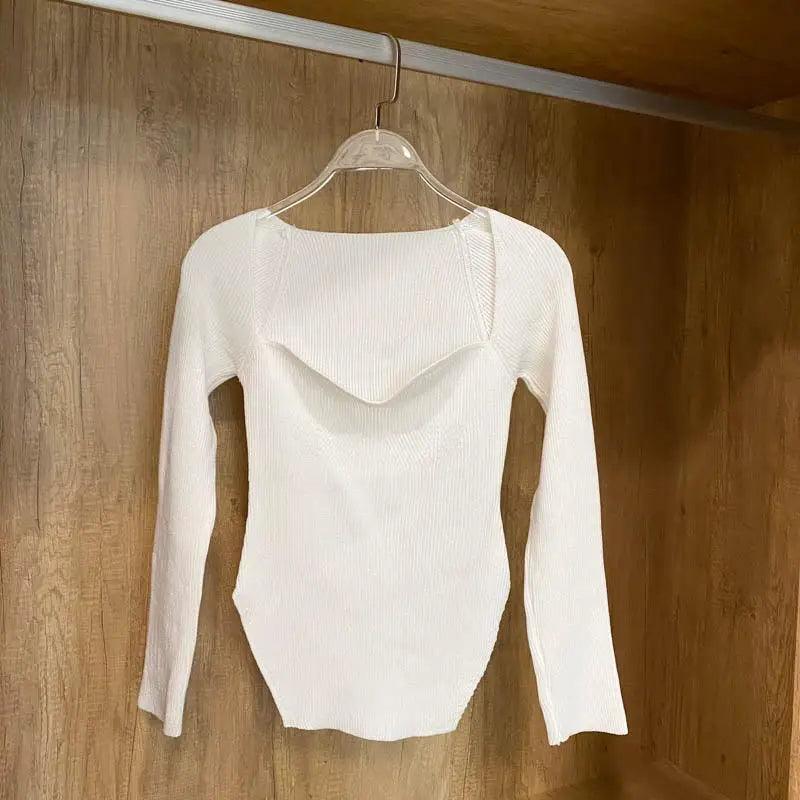 New Casual And Trendy Square Collar Long Sleeve Woman's Sweaters Knitted Pullover Spring Autumn Sweater Winter Tops For Women Black And White Jumper